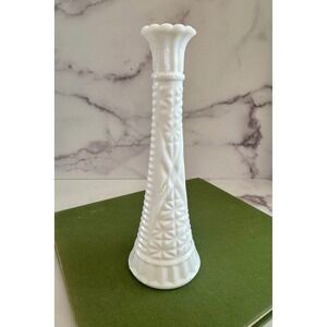 Vintage Milk Glass Bud Vase Stars and Bars Pattern Scalloped Rim 9 Inch White